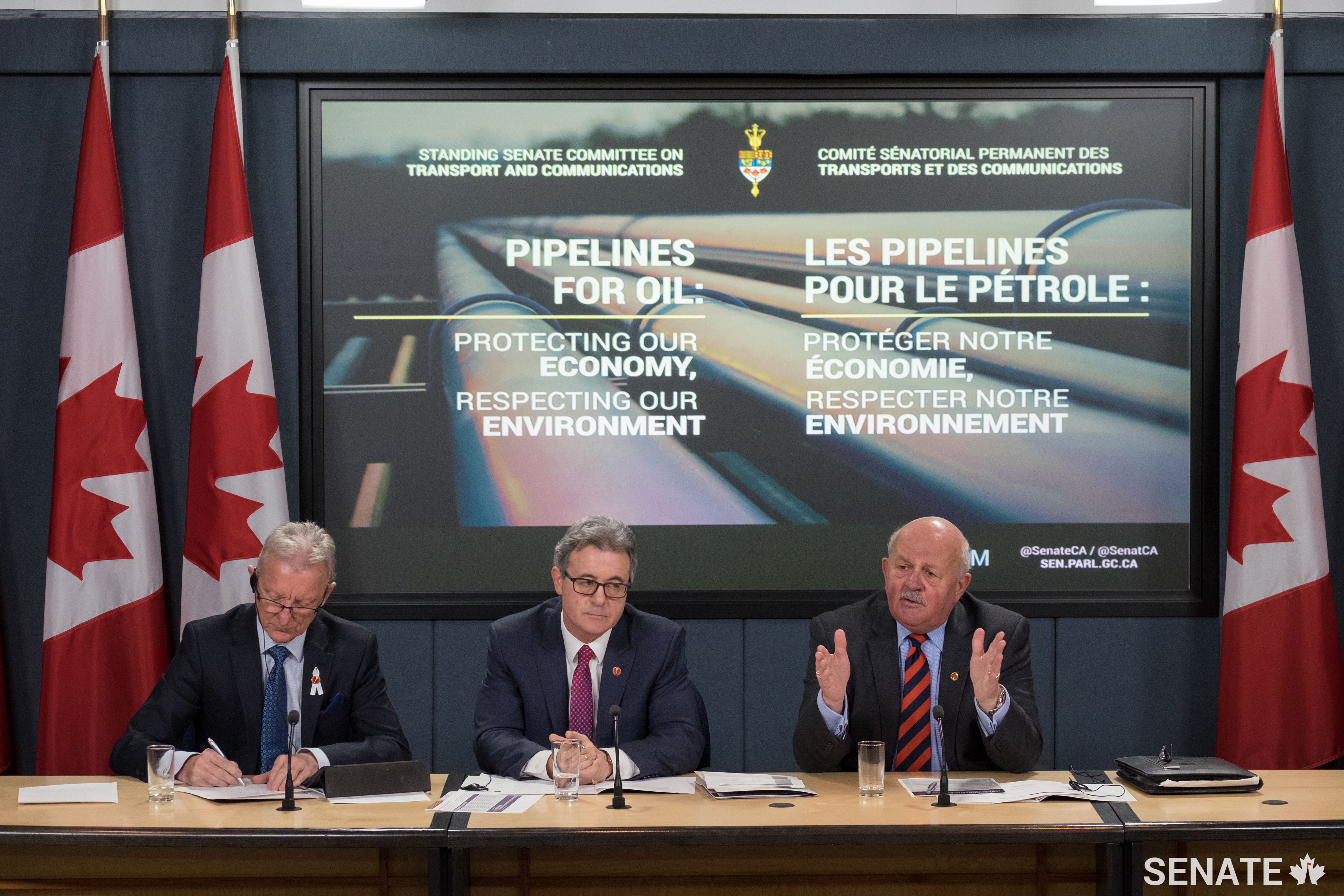 Senator Mercer talks energy policy during a <a href='https://sencanada.ca/en/sencaplus/news/pipelines-protecting-our-economy-respecting-our-environment/' target='_blank'>press conference</a> following the release of the Senate Committee on Transport and Communications’ report on pipelines.