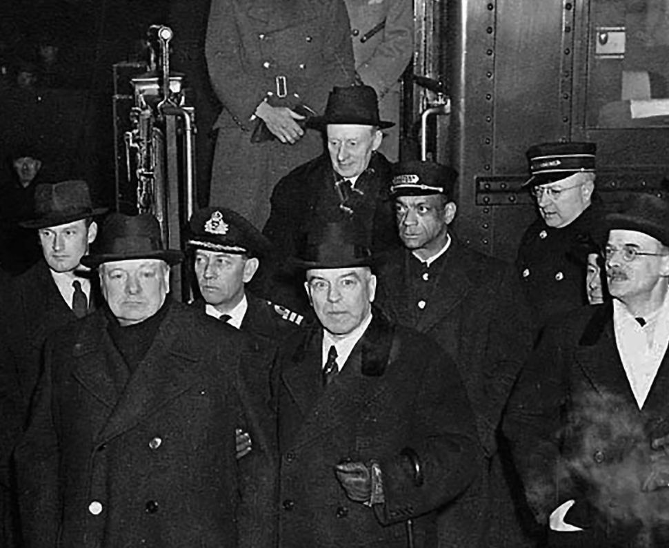 British Prime Minister Winston Churchill (second from left) is welcomed to Ottawa by Canadian Prime Minister William Lyon Mackenzie King in December 1941.