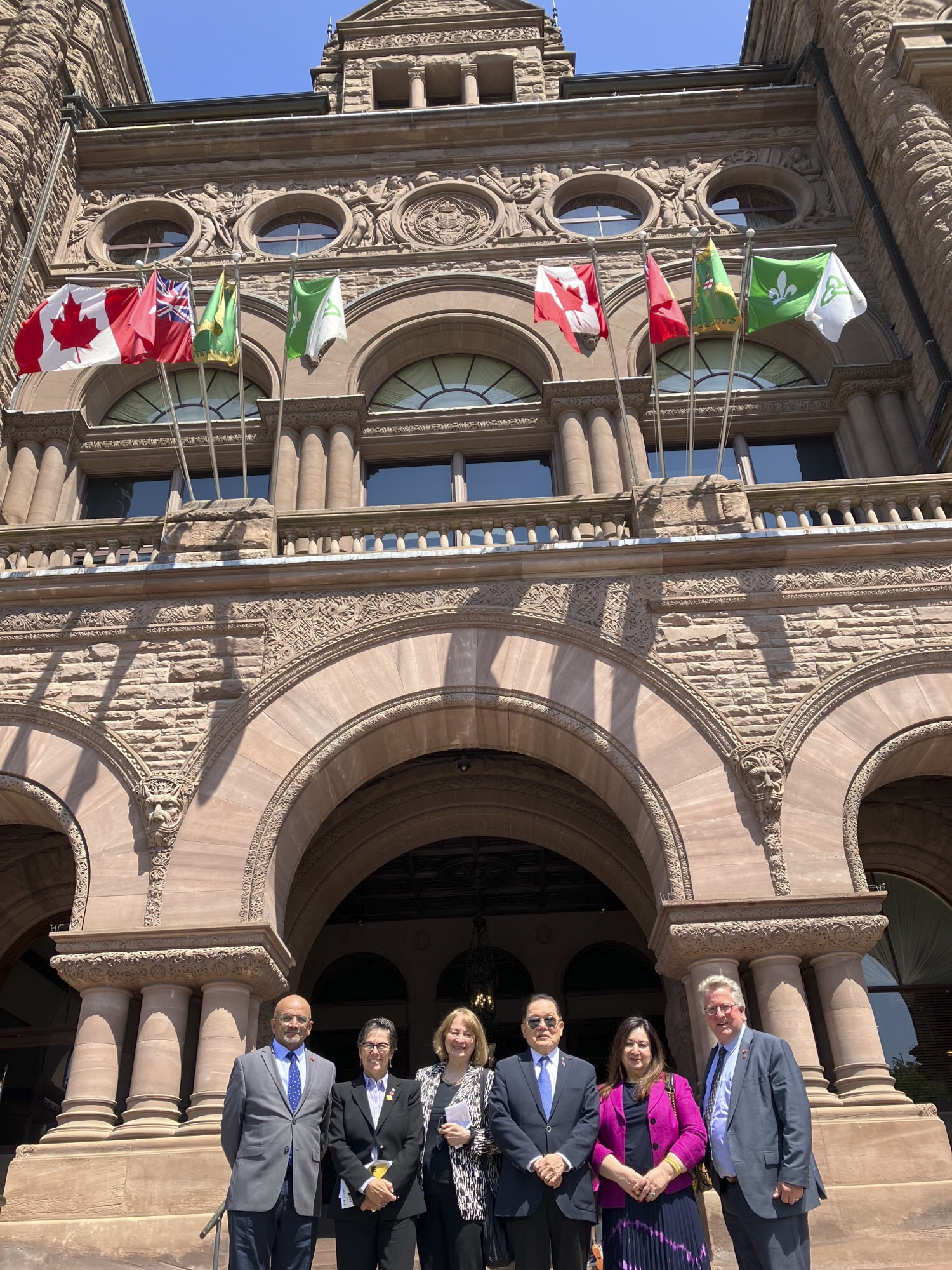 Monday, May 29, 2023 – From left, senators Andrew Cardozo, Kim Pate, Donna Dasko, Victor Oh, Salma Ataullahjan, and Rob Black, visit the Ontario Legislature. The day trip, organized by Senator Black and Ontario Legislature Speaker Ted Arnott, included a tour of the legislative building, an acknowledgement in the chamber by Speaker Arnott, a luncheon reception with members of provincial Parliament (MPP) and a roundtable discussion with MPPs from all political parties.