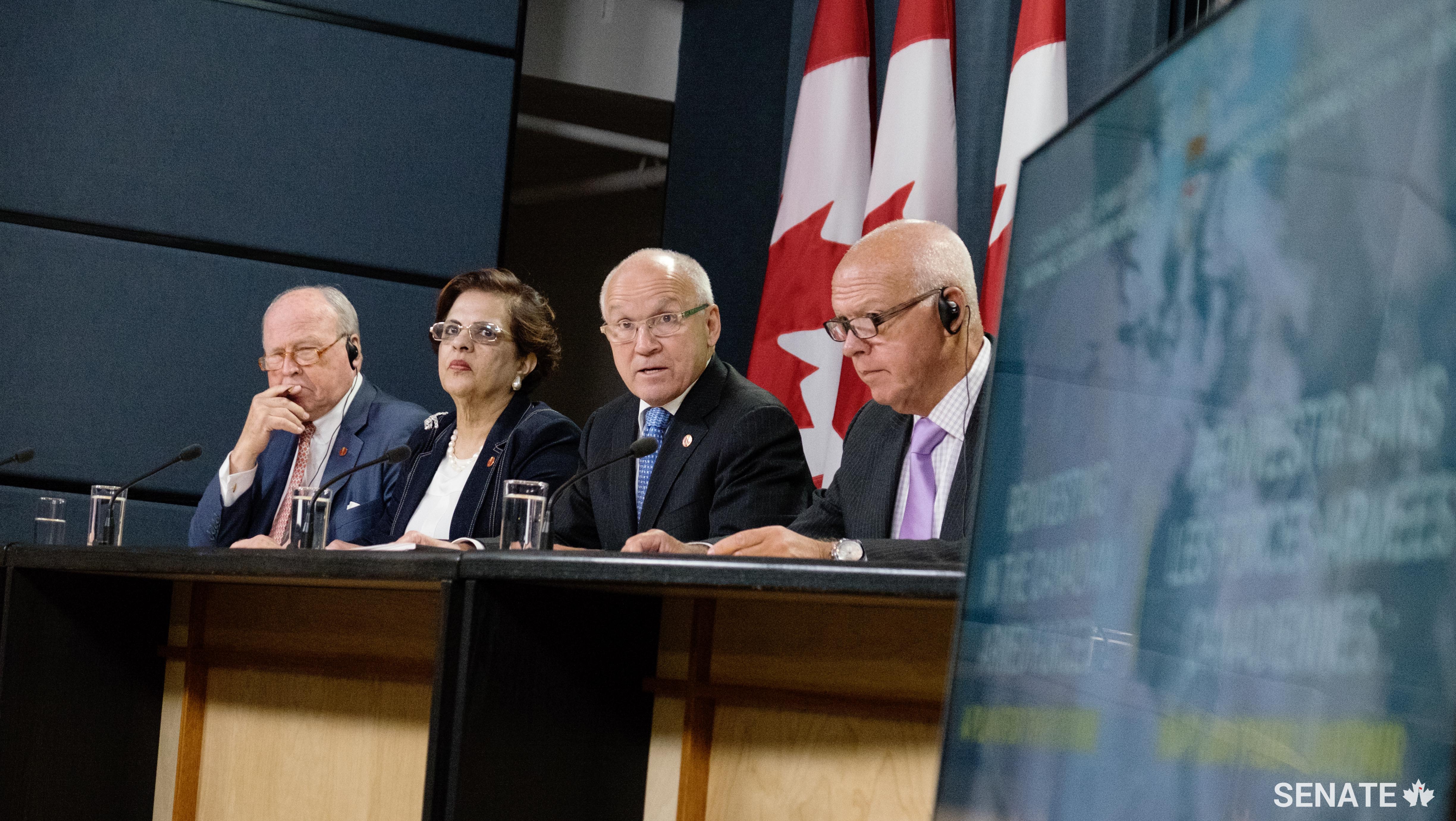 Members of the Senate's defence committee, Senator Colin Kenny, Senator Mobina Jaffer (Deputy Chair), Senator Daniel Lang (Chair) and Senator Jean-Guy Dagenais release part two of its Defence Policy Report, which focuses on meeting the capability gaps in the Canadian Armed Forces.