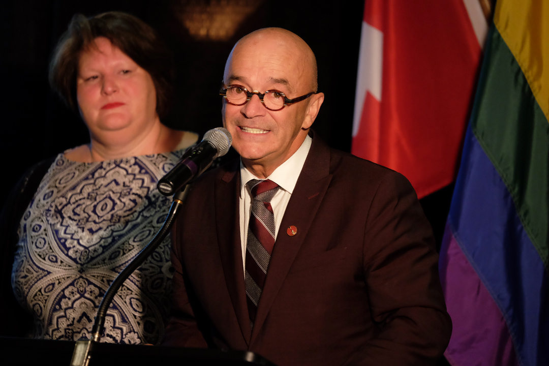 Senator René Cormier speaks at a press conference for Acadie Love.