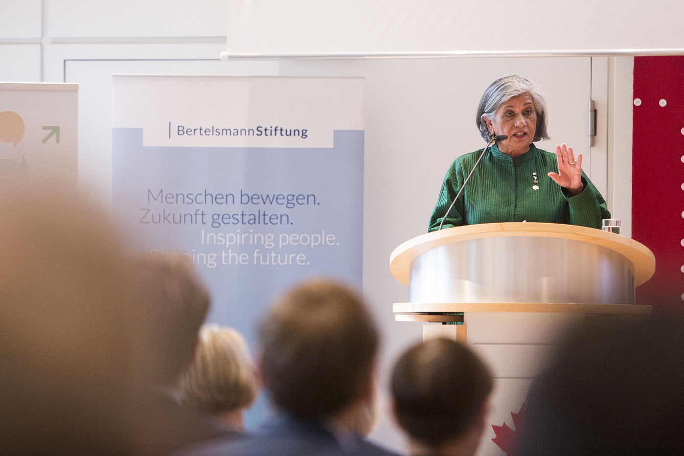 Senator Ratna Omidvar tells an audience about the keys to multiculturalism in her talk, “Us and Them: Difference, Diversity and a World of Difference” at the Embassy of Canada to Germany in Berlin, April 26, 2017.