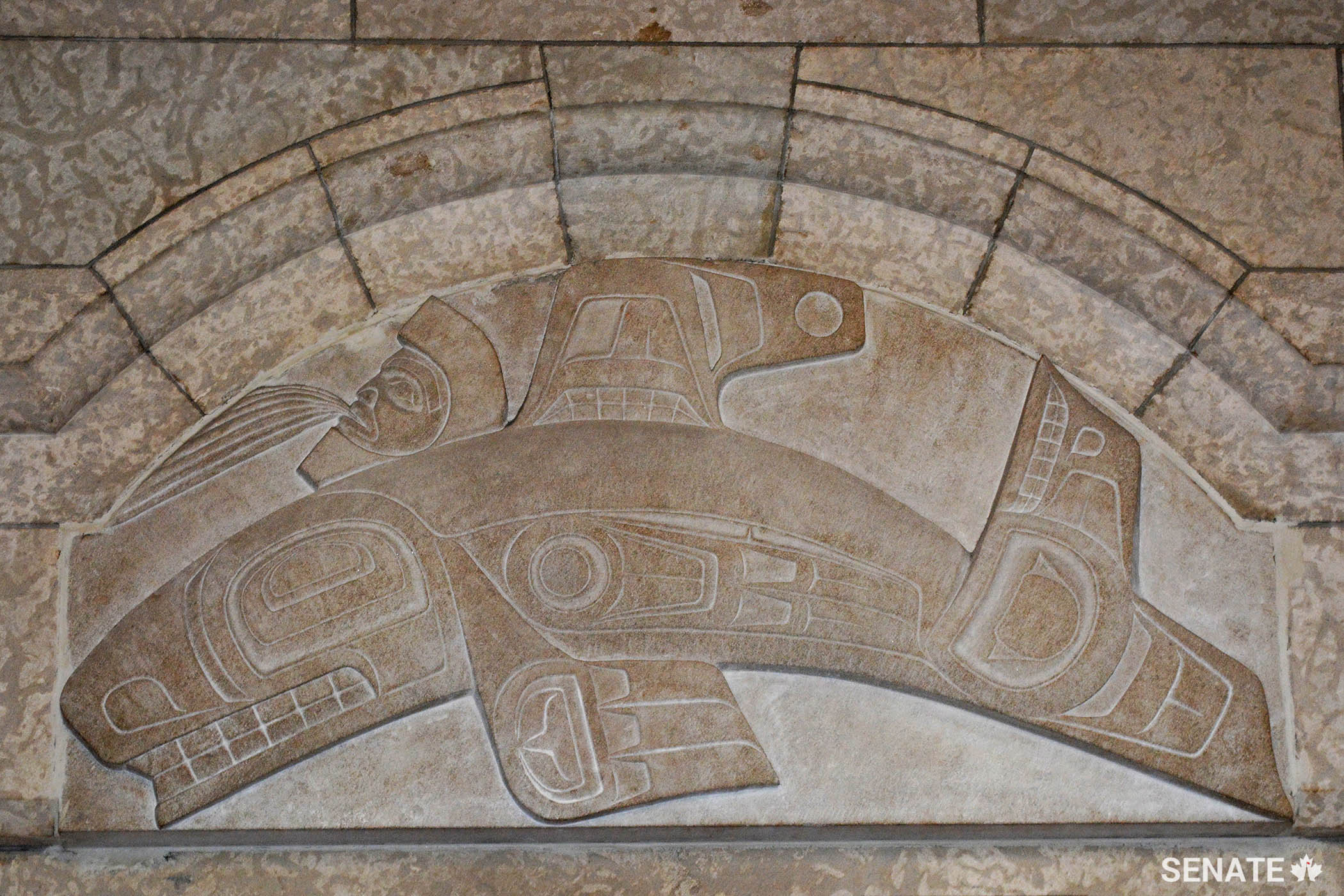 This limestone sculpture of an orca, above the doorway of the Commonwealth Room, was carved by Gitxsan artist Walter Harris as part of a program established in 1978 to promote First Nations artists.