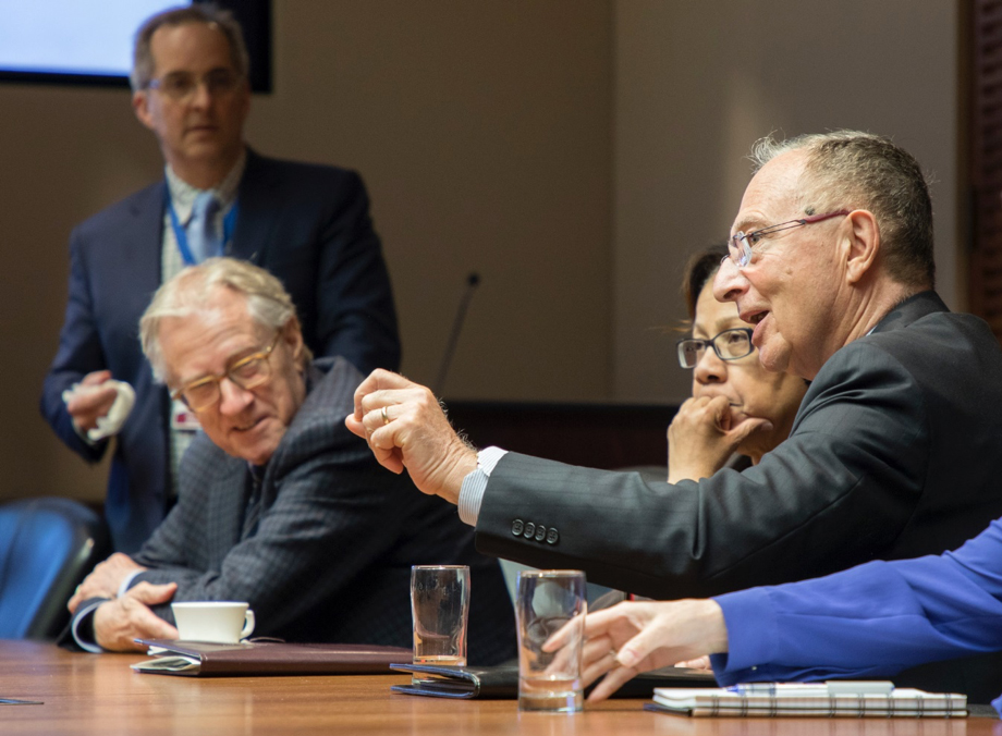 Senator Kelvin Kenneth Ogilvie, chair of the Senate Committee on Social Affairs, Science and Technology and Senator Art Eggleton, deputy chair, along with Senator Marie-Françoise Mégie, during a fact-finding event at the Ottawa Hospital’s General campus.