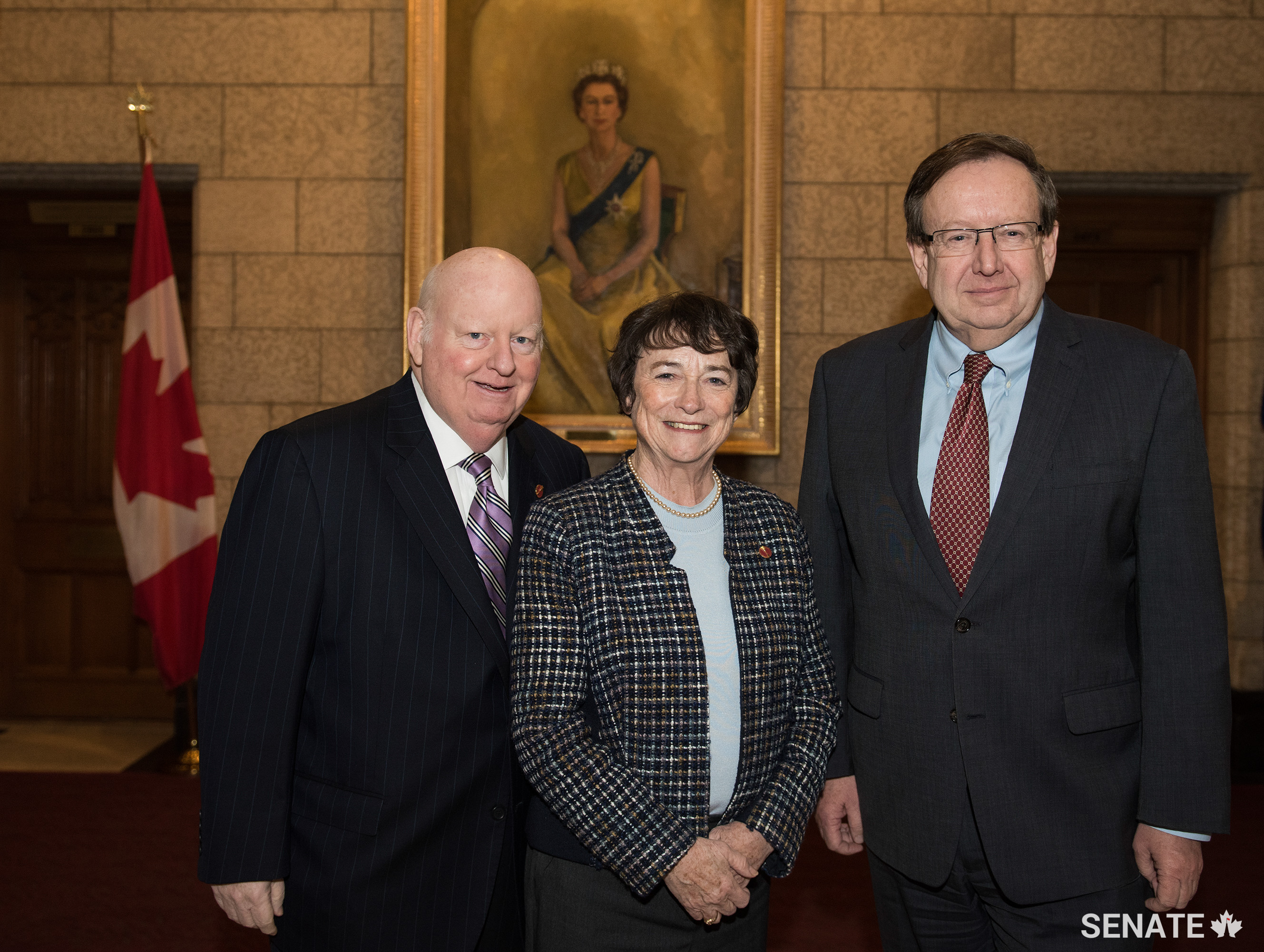 PEI Senators Mike Duffy, Diane Griffin and Percy E. Downe gather to celebrate the granting of Royal Assent to <a href='https://www.parl.ca/LegisInfo/BillDetails.aspx?billId=8766295&Language=E'>Bill S-236</a>, which recognizes Charlottetown as the birthplace of Confederation. Senator Griffin was the Senate sponsor of the bill.
