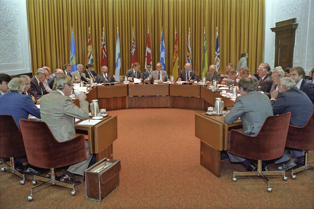 In November 1981, then-prime minister Pierre Elliott Trudeau and Canada’s provincial premiers met at the Government Conference Centre for negotiations that would lead to the patriation of the country’s Constitution and the adoption of the Charter of Rights and Freedoms. (Library and Archives Canada)