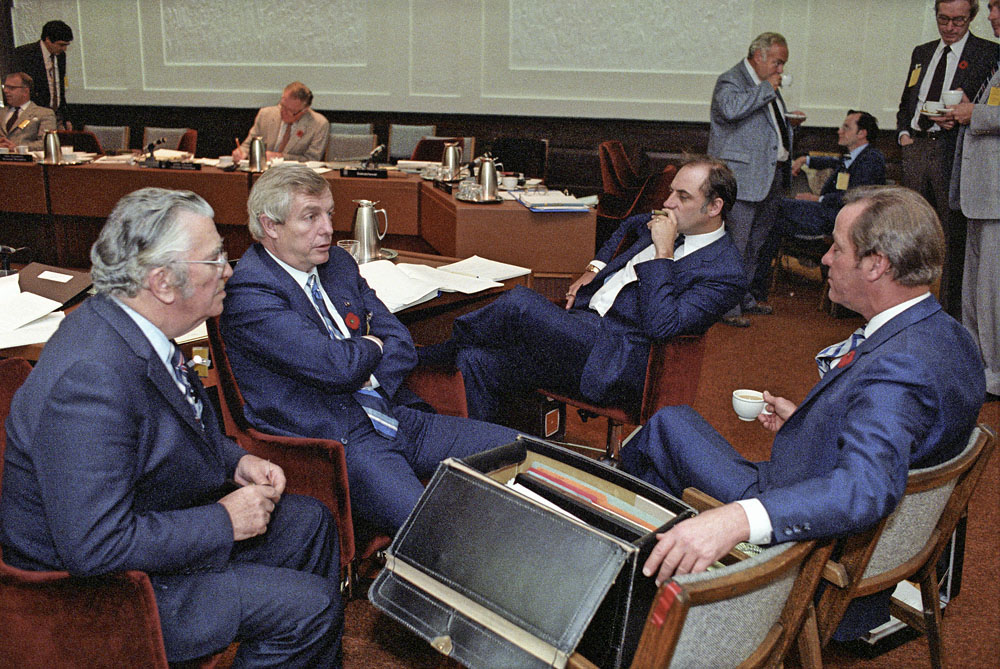 From left, the premiers of Prince Edward Island, Alberta, Newfoundland and Labrador, and British Columbia — Angus MacLean, Peter Lougheed, Brian Peckford and Bill Bennett — chat during the 1981 federal-provincial conference in Ottawa that led to the patriation of Canada’s Constitution and the adoption of the Charter of Rights and Freedoms. (Library and Archives Canada)