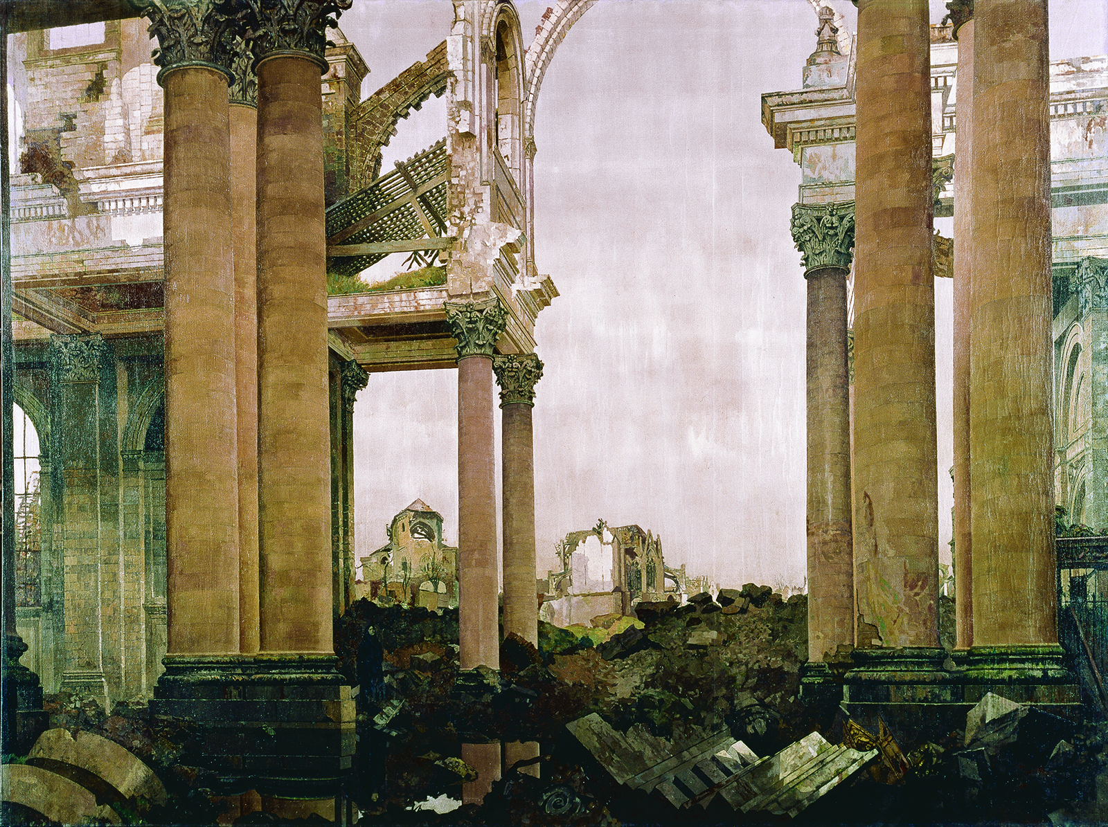 After four years of constant bombardment, the northern French city of Arras was virtually demolished. James Kerr-Lawson captured the devastation as evocatively as in his <em>The Cloth Hall, Ypres</em>, which hangs on the opposite wall of the Senate Chamber. (Beaverbrook Collection of War Art, Canadian War Museum, CWM 19710261-0335)