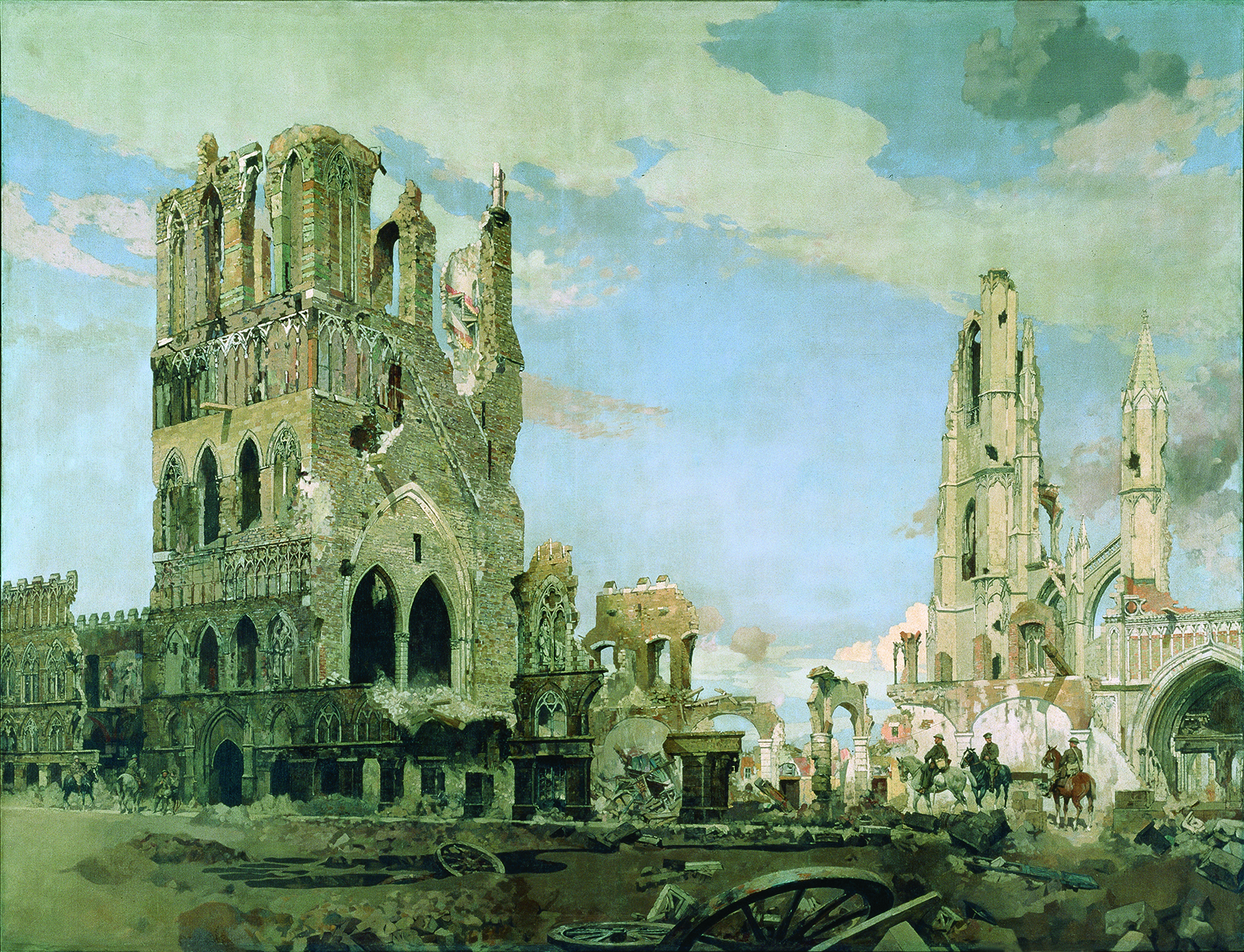 The Second Battle of Ypres in 1915, where Canadian troops endured poison gas and relentless shelling, reduced the once-magnificent Flemish town to ruins. Canadian artist James Kerr-Lawson juxtaposed the clearing smoke of battle with the shattered remains of the cloth hall and cathedral. (Beaverbrook Collection of War Art, Canadian War Museum, CWM 19710261-0334)