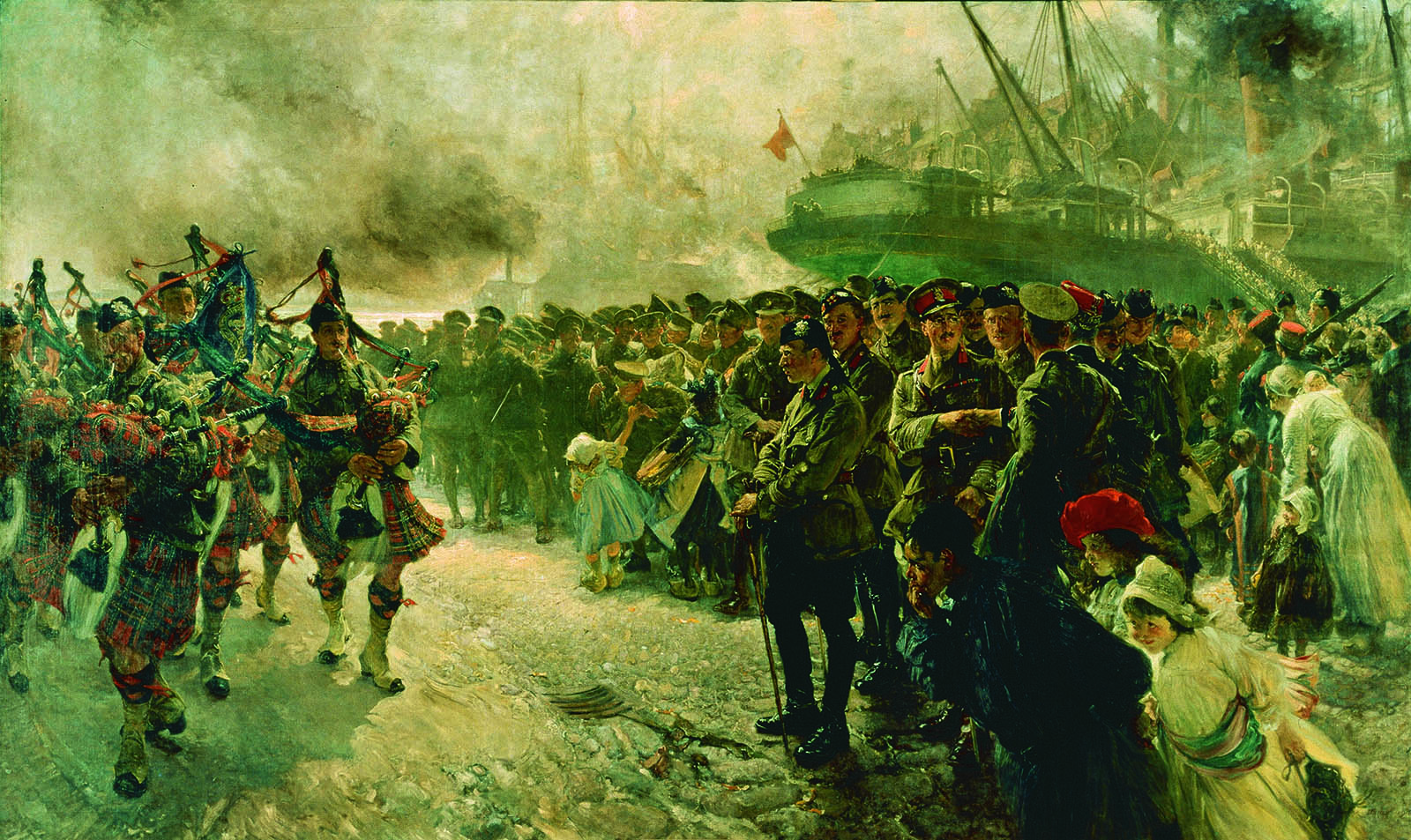 Edgar Bundy portrayed the moment Canadian troops first set foot on the European continent. The First Canadian Division, led by the Royal Highland Regiment pipe band, marches by the cheering residents of Saint-Nazaire, France and on to the Western Front. (Beaverbrook Collection of War Art, Canadian War Museum, CWM 19710261-0110)