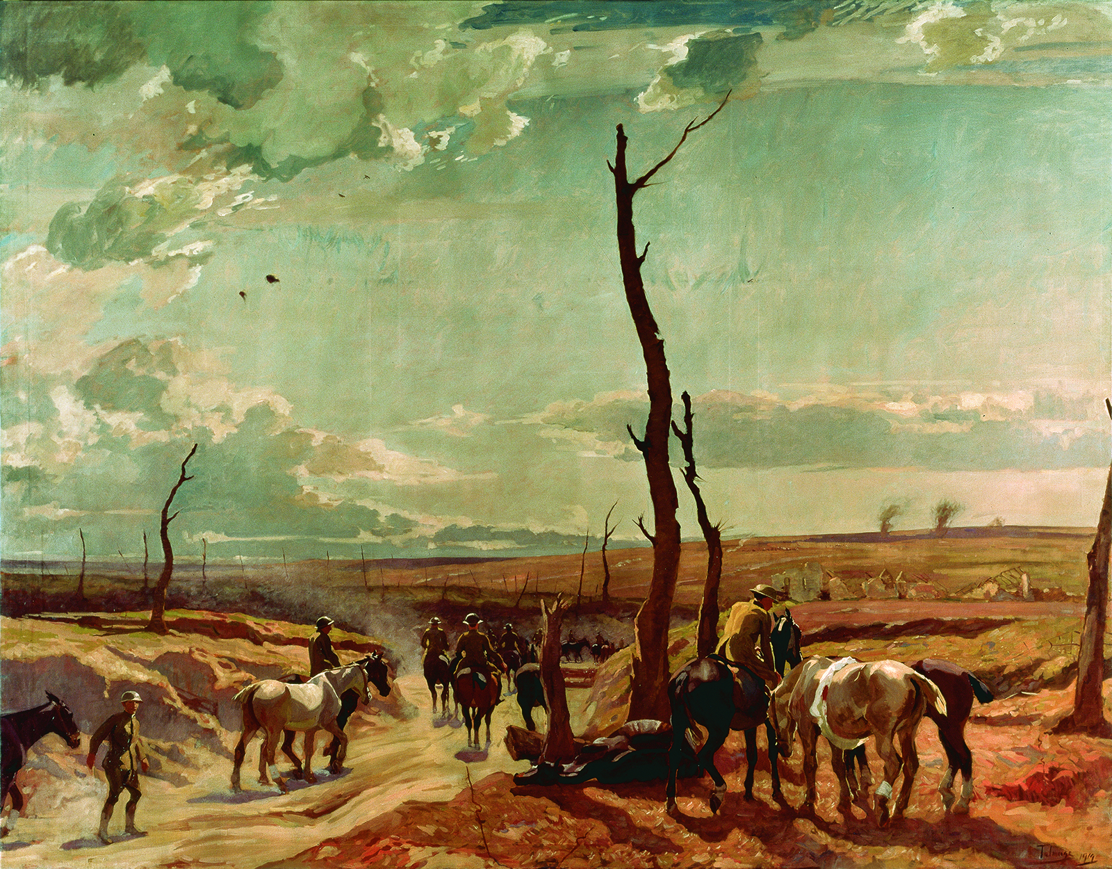 British artist Algernon Talmage painted Canadian soldiers in a mobile veterinary unit, evacuating wounded horses during the First Battle of Cambrai in the autumn of 1917. Tanks were deployed in massive formations at Cambrai but horses remained essential for hauling supplies and transporting the wounded. (Beaverbrook Collection of War Art, Canadian War Museum, CWM 19710261-0596)