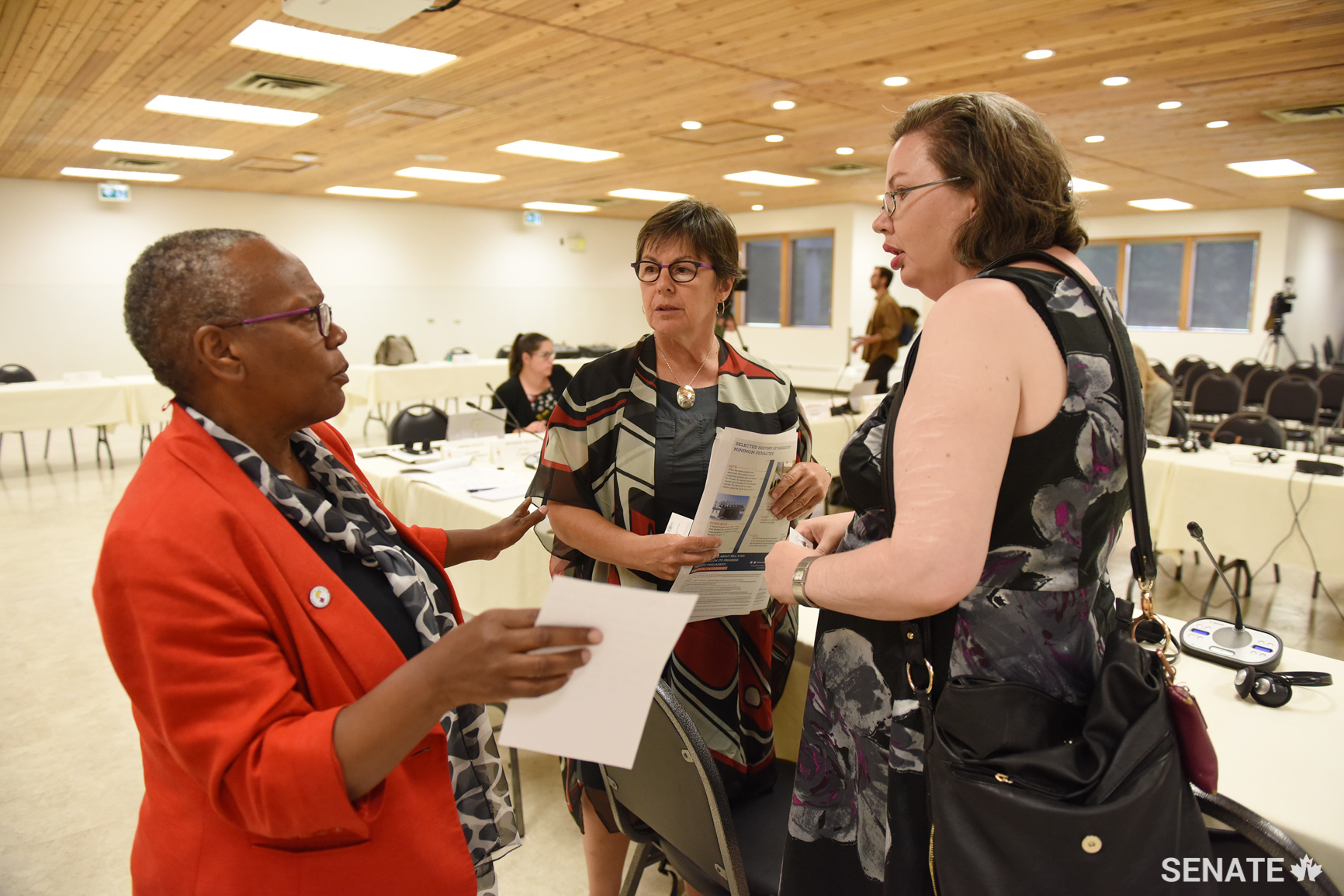 From left, committee chair Senator Wanda Thomas Bernard and Senator Kim Pate speak with Lisa Neve, once considered the most dangerous woman in Canada. She was imprisoned indefinitely in 1994 after becoming the second of just five Canadian women to receive a <a href='https://www.publicsafety.gc.ca/cnt/cntrng-crm/crrctns/protctn-gnst-hgh-rsk-ffndrs/dngrs-ffndr-dsgntn-en.aspx'>dangerous offender designation</a>. Her designation was overturned in 1999 and she was released. Ms. Neve testified before the committee during a public hearing in Edmonton.