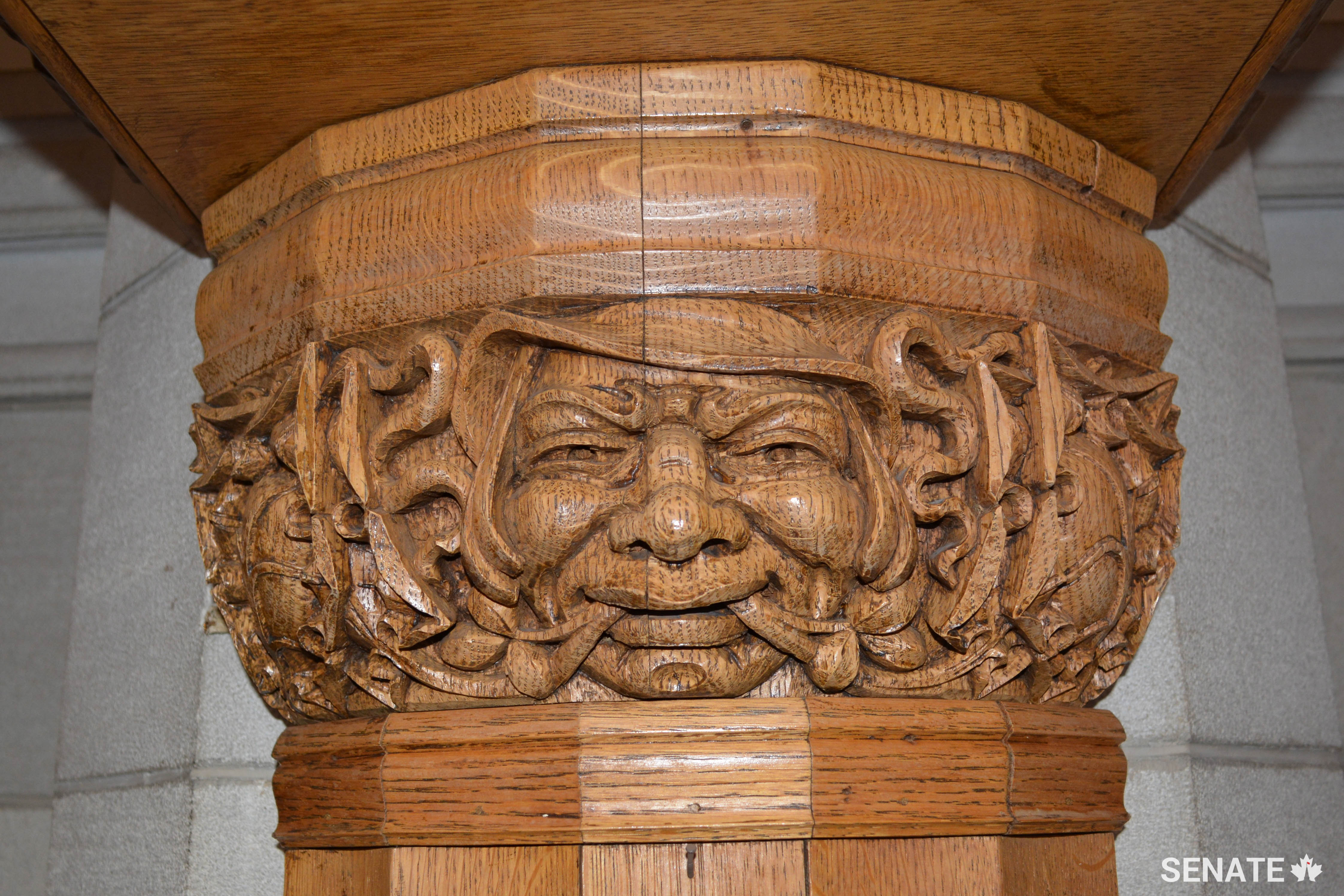 One of several Green Man characters carved into oak pillars in the Senate Speaker’s chambers.