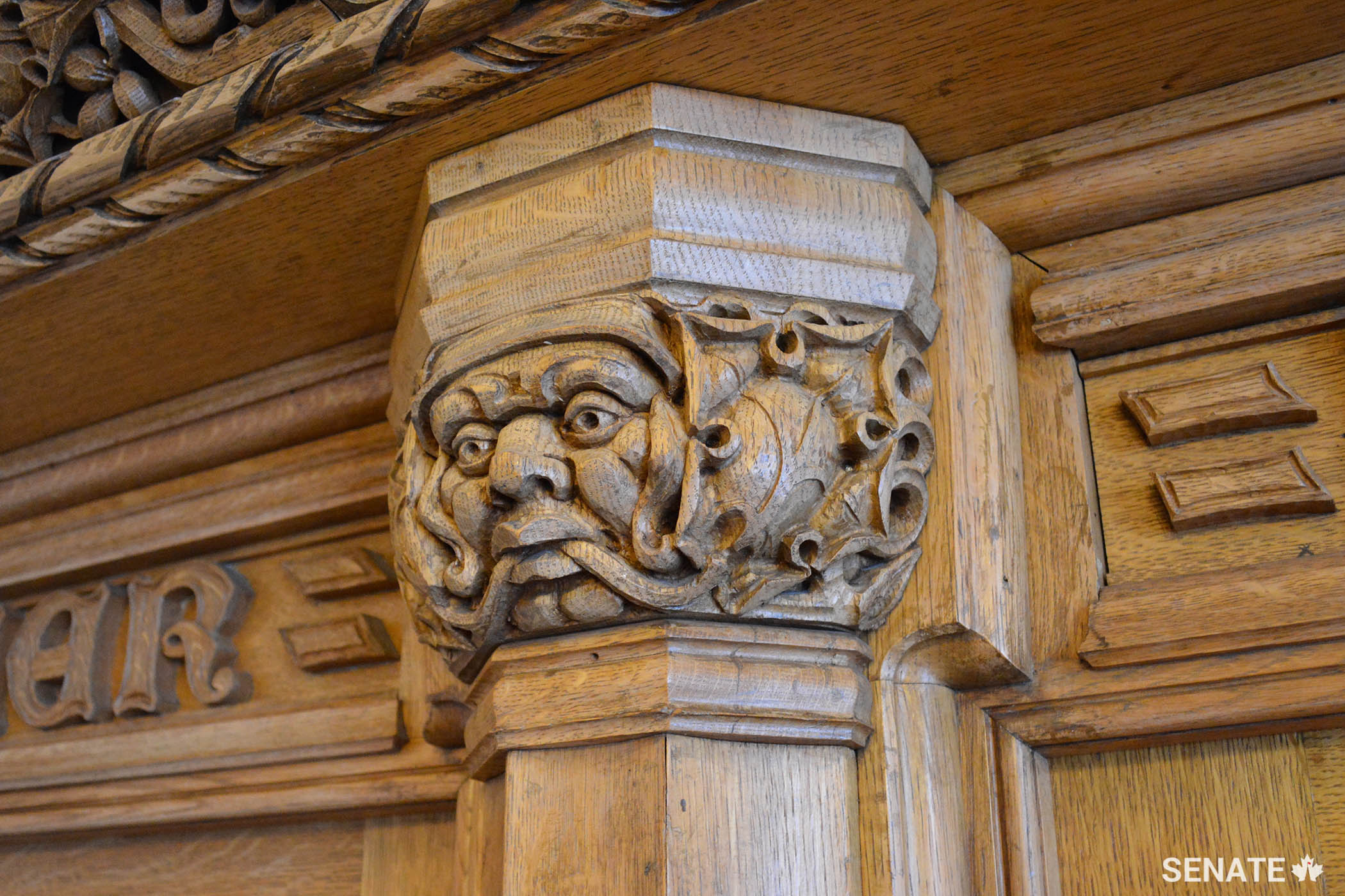 This Green Man in the Senate Speaker’s chambers was carved by Montreal’s Bromsgrove Guild in the 1920s.