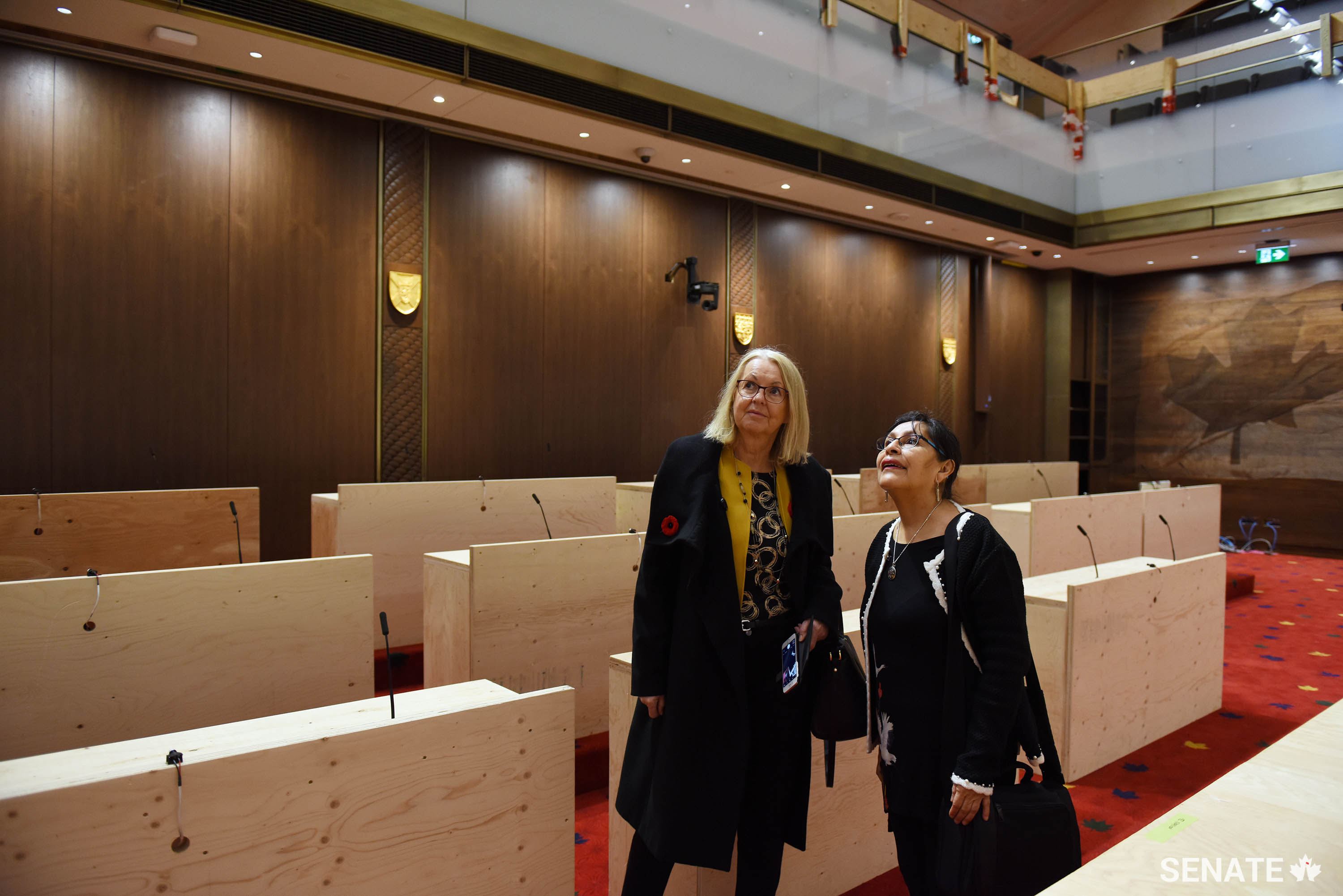 Senators Cordy and Galvez take in the new Senate Chamber, designed for optimal energy efficiency.