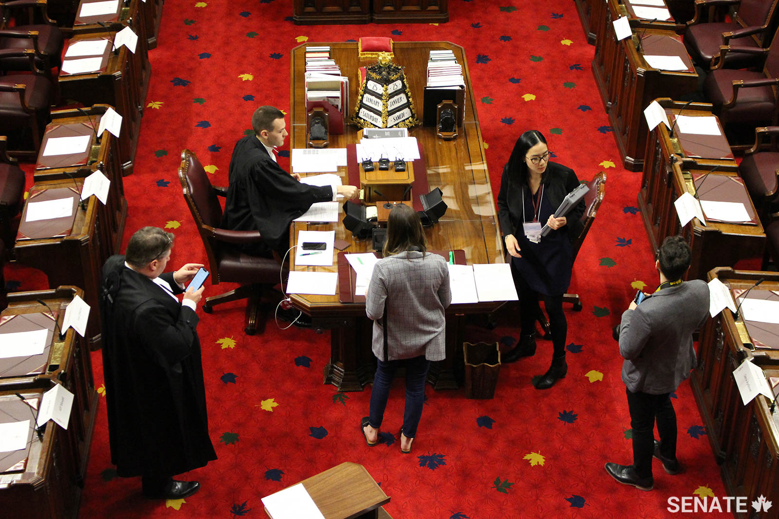 Senate staff make final arrangements as model senators prepare to take over the Red Chamber at the first-ever Model Senate, which took place on January 25 and 26, 2020.