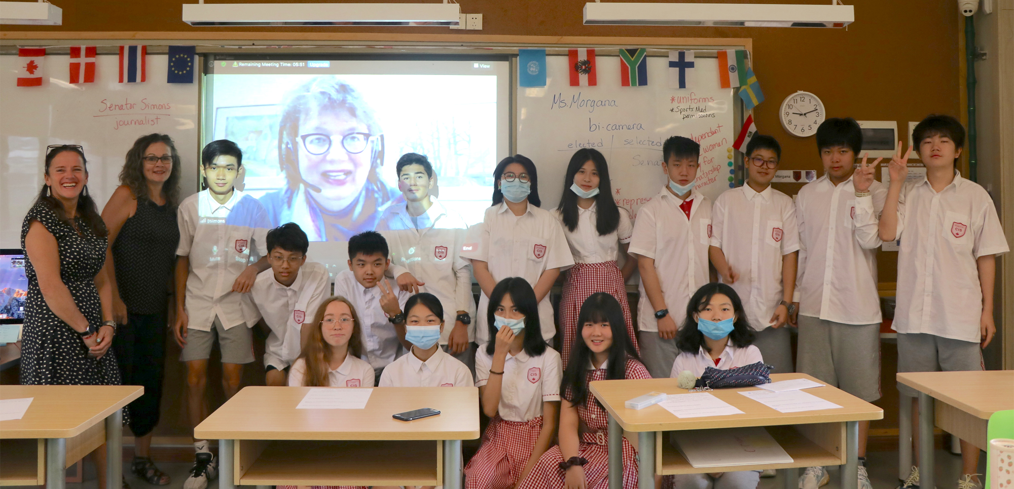 Monday, September 14, 2020 — Senator Paula Simons speaks with Grade 9 students in a videoconference at the Canadian International School in Guangzhou, China. Senator Simons spoke about her work as a senator and the role of the Senate in Canadian democracy.
