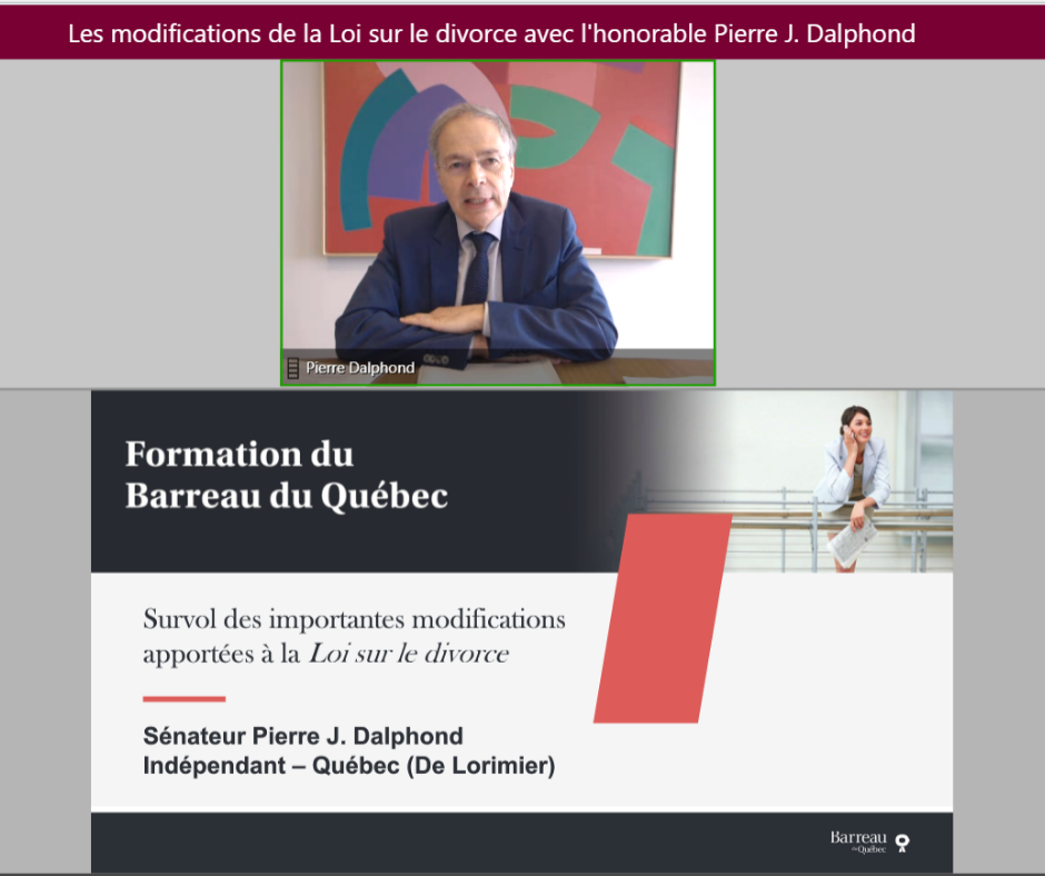 Tuesday, June 30, 2020 — Senator Pierre J. Dalphond gives a webinar about reforms to the Divorce Act to almost 100 lawyers from Quebec.
