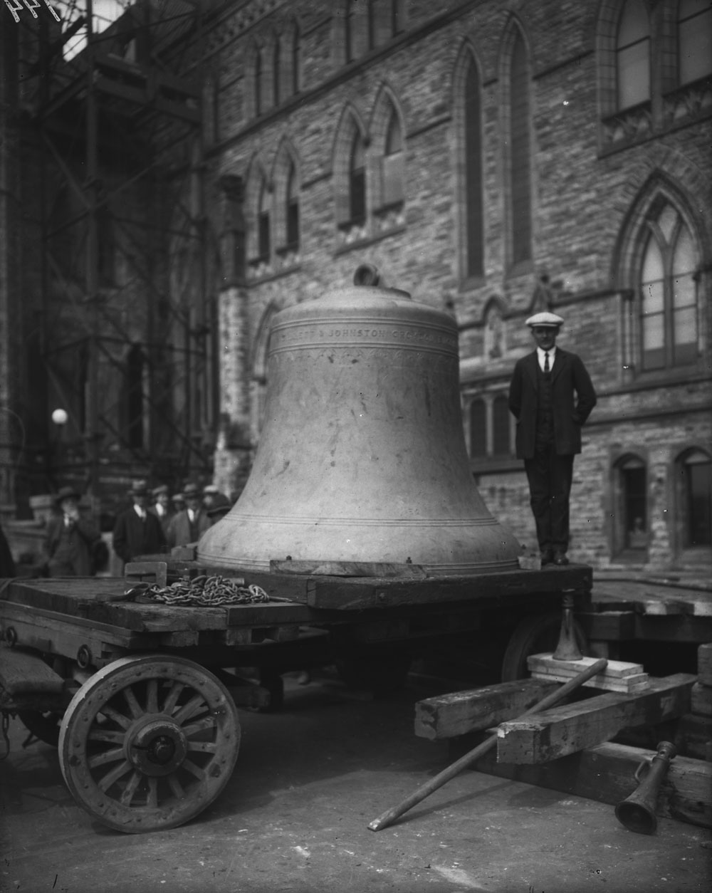 A massive carillon bell is delivered on Parliament Hill in 1927. The tallest bell in the Peace Tower carillon is 2.1 metres high. (Photo credit: Library and Archives Canada)