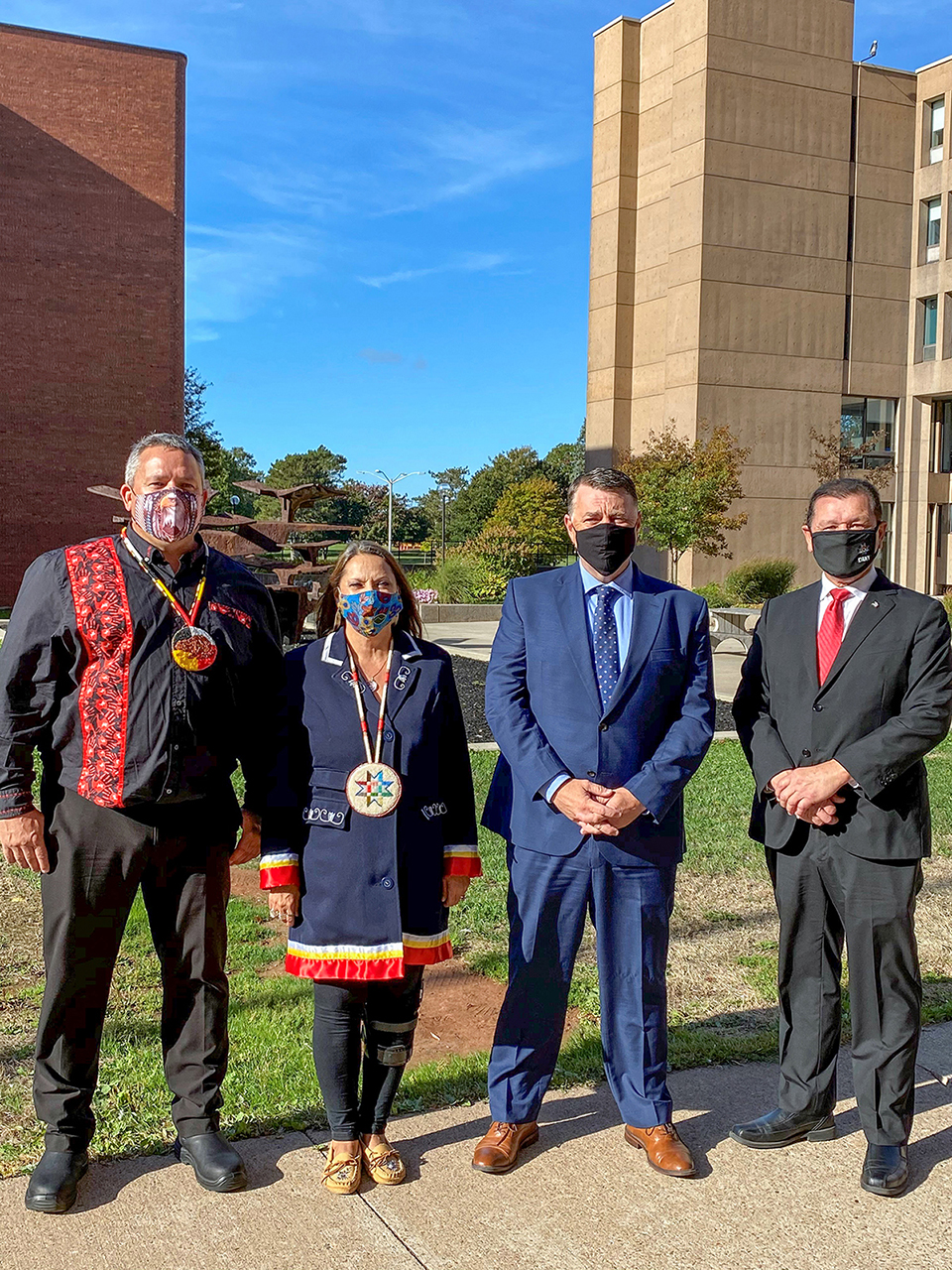 Thursday, October 1, 2020 — Senator Brian Francis marks Treaty Day with Prince Edward Island Premier Dennis King (second from right), and chiefs Roderick Gould Jr (left) and Darlene Bernard (second from left).
