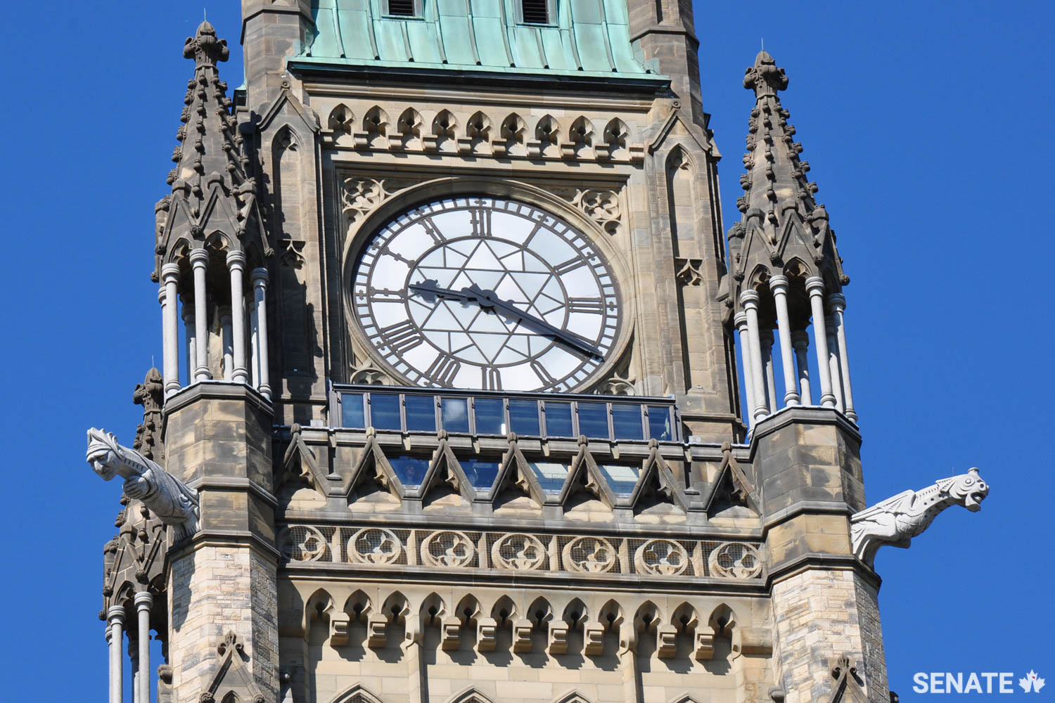Grotesques carved in the 1920s from Quebec-sourced granite stick out from Centre Block’s Peace Tower. Each is 3.7 metres in total length, with 1.2 metres anchored in the tower and 2.5 metres projecting out. Twenty such grotesques decorate five of Centre Block’s towers.