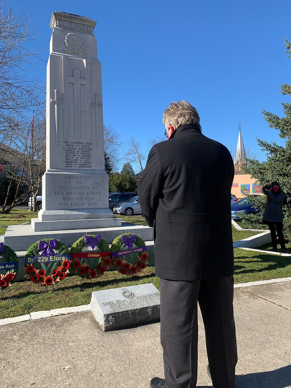 Wednesday, November 11, 2020 – Senator Robert Black commemorates Remembrance Day in Wellington County at the cenotaph in Elora, Ontario.