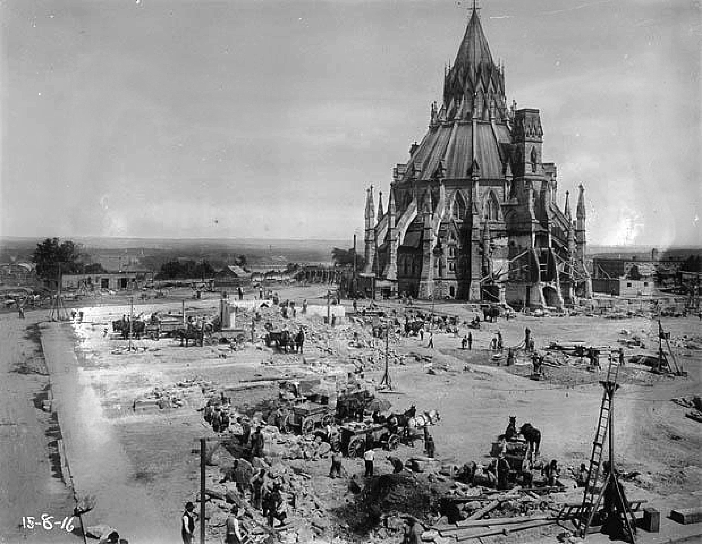 The Library of Parliament was the only part of the original 1866 Centre Block still standing after the unstable shell of Centre Block was demolished in the summer of 1916. (Photo credit: Library and Archives Canada)