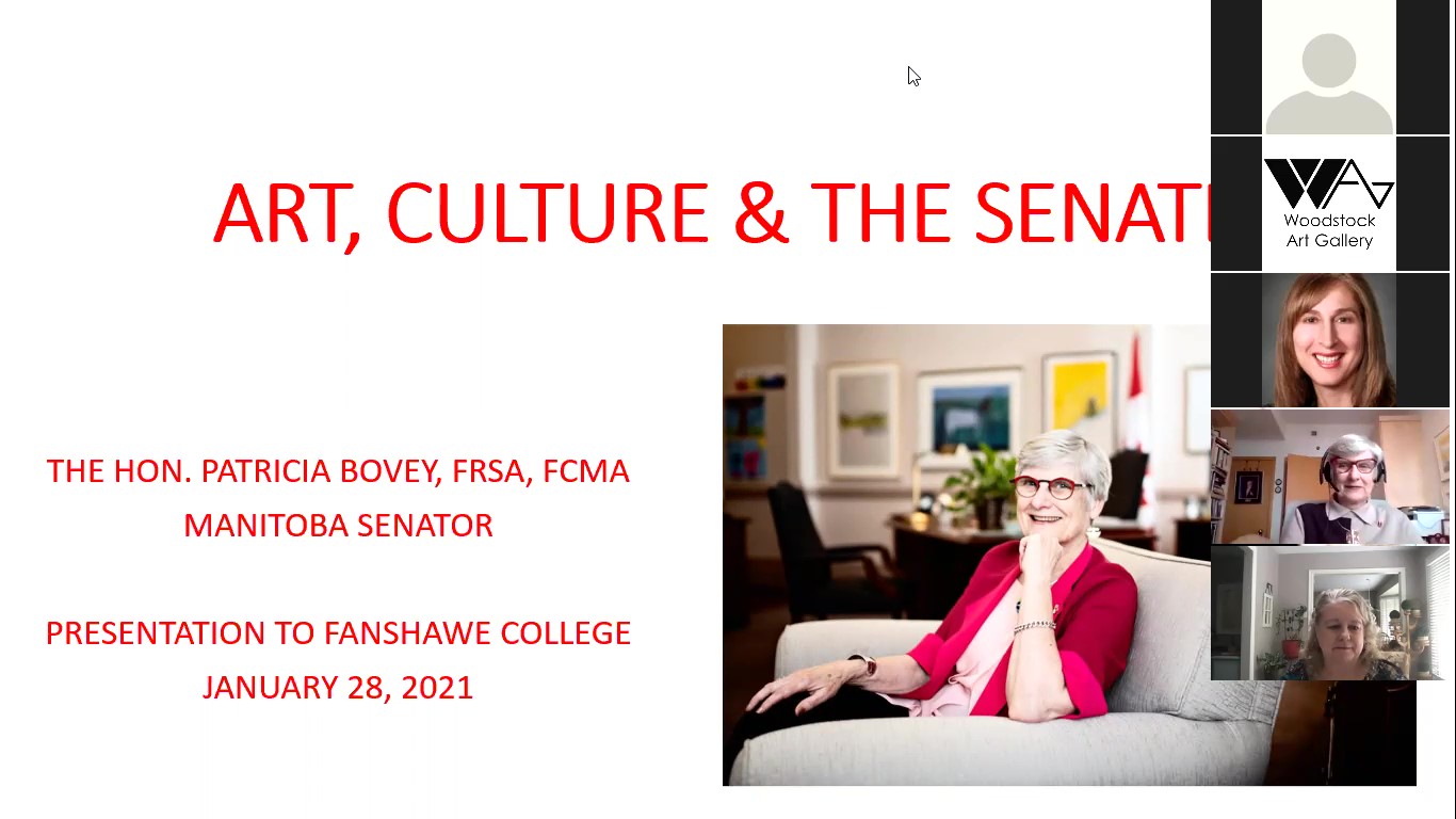 Thursday, January 28 – Senator Patricia Bovey speaks at a special guest lecture with Fanshawe College’s Fine Art students. The topic of the lecture was “Arts in the Senate.”