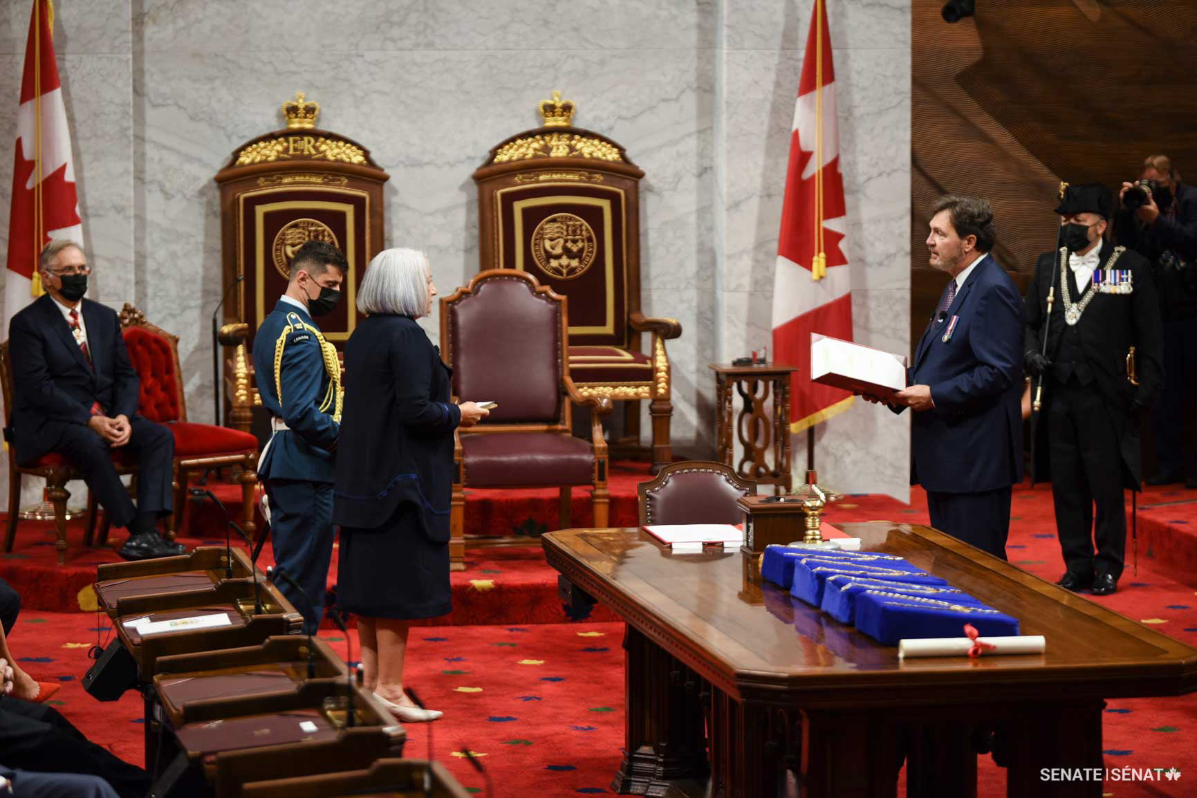 Chief Justice of Canada the Right Honourable Richard Wagner administers the oaths of office for Governor General Mary Simon.