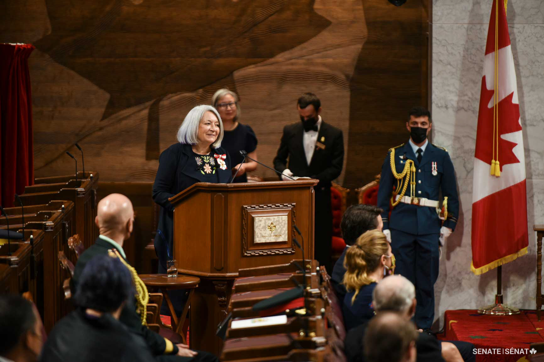 The new governor general delivers her inaugural speech in the Senate Chamber.