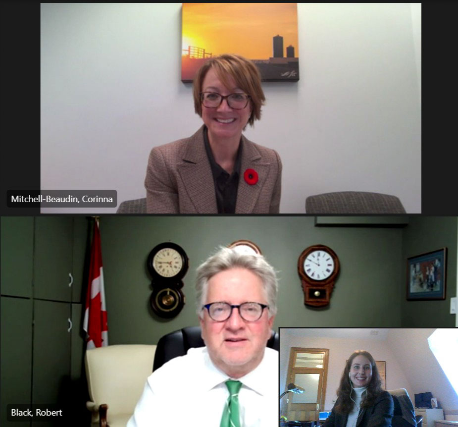 Tuesday, November 2, 2021 – Senator Robert Black meets virtually with Farm Credit Canada’s Corinna Mitchell-Beaudin to discuss priorities for the Canadian agricultural sector, in particular regarding financial support.