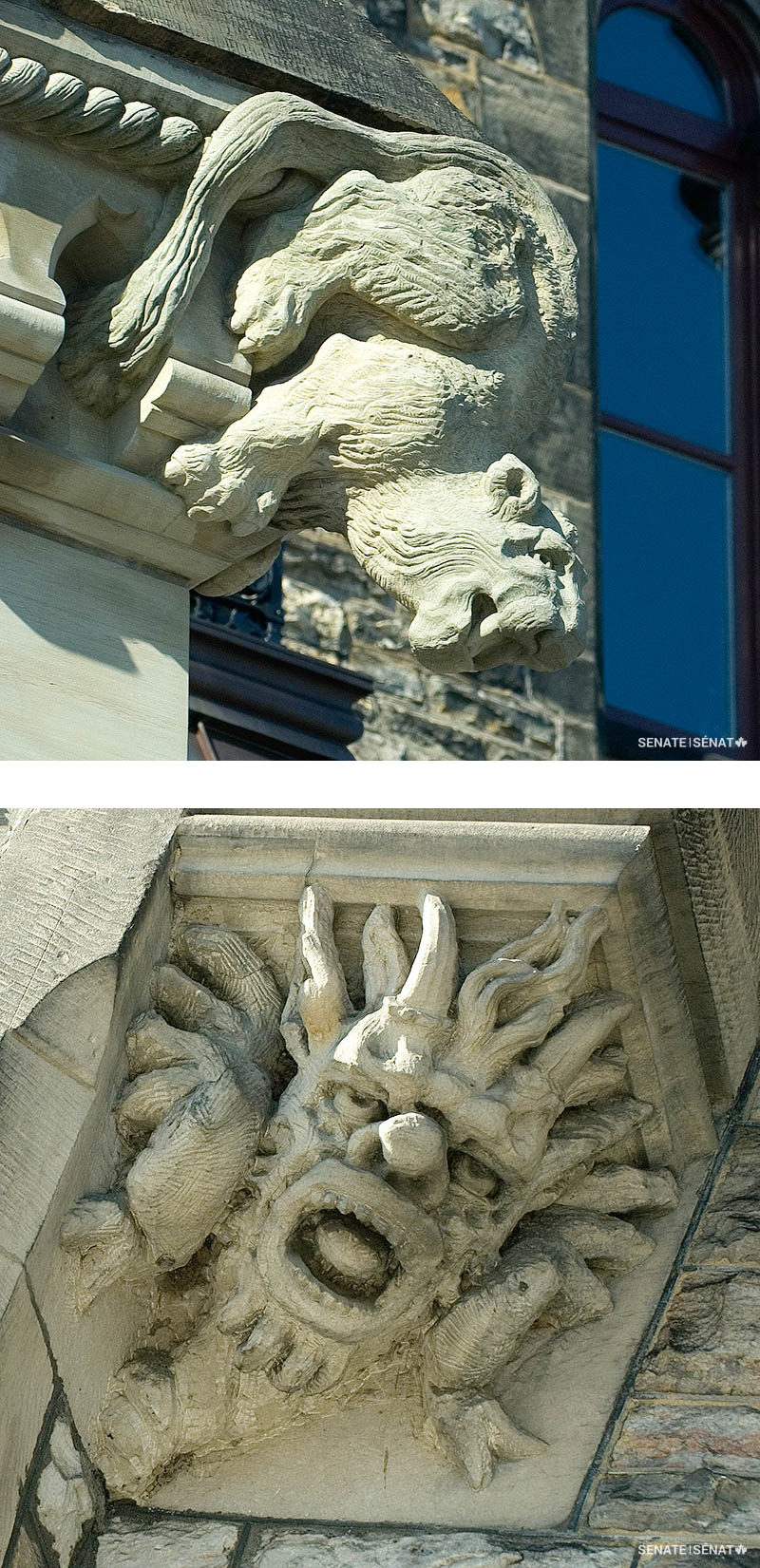 Snarling <a href='https://sencanada.ca/en/sencaplus/how-why/gargoyles-and-grotesques-parliament-hills-sinister-sentinels/' target='_blank'>grotesques</a>, inspired by carvings on medieval cathedrals, run riot on East Block’s exterior. Some are hybrids of different animals. Others combine human heads with the bodies of mythical creatures such as dragons and basilisks.