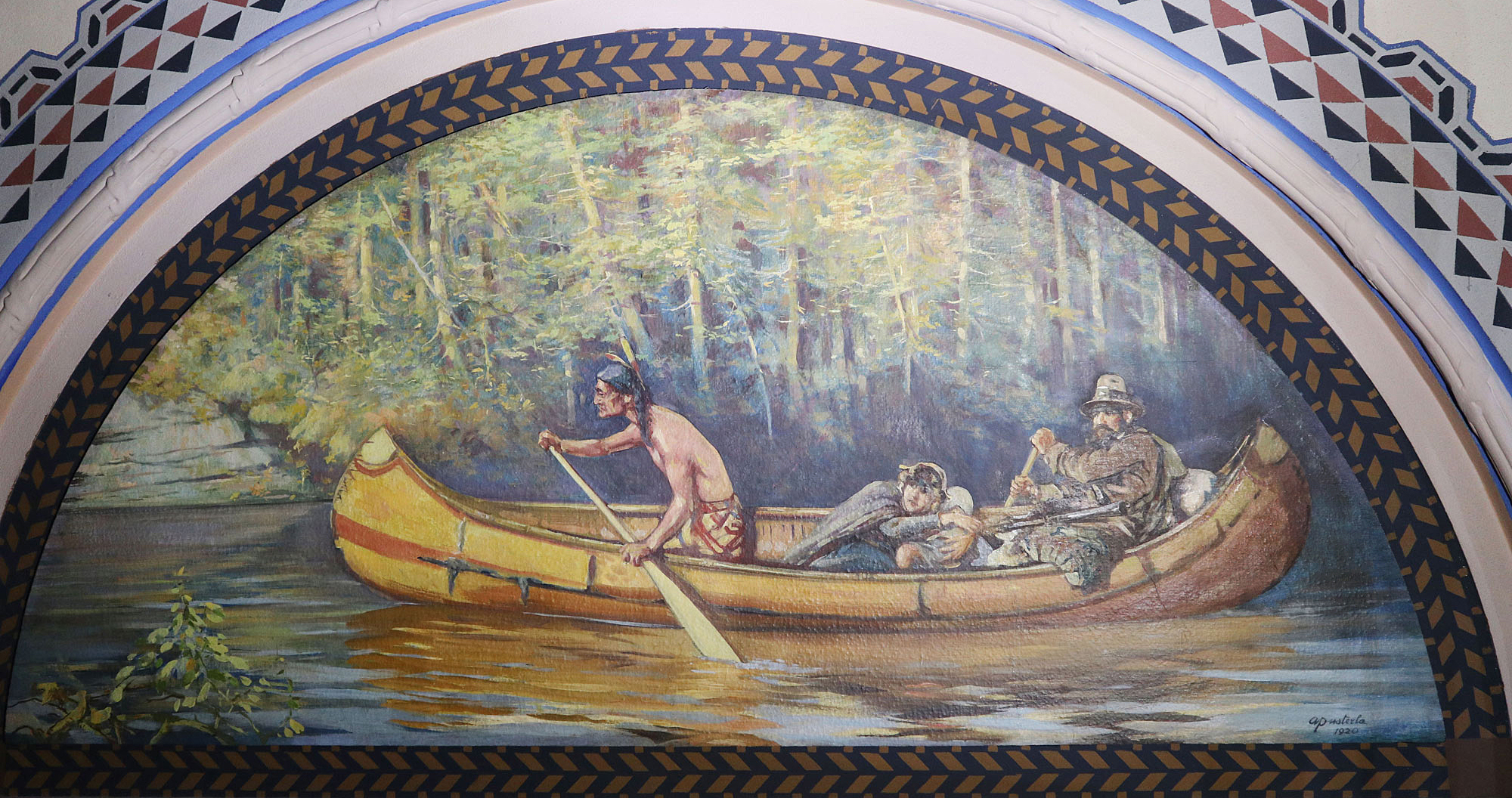 This mural by Attilio Pusterla is unofficially called Figures in a Canoe. (Photo credit: Legris Conservation Inc.)