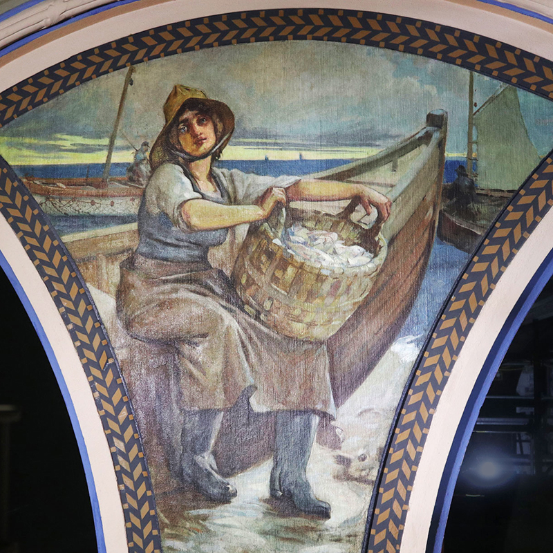 This mural by Attilio Pusterla is unofficially titled Fisherwoman. (Photo credit: Legris Conservation Inc.)