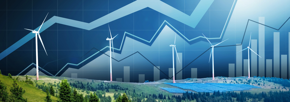 Green fields, trees and wind turbines overlaid with a variety of graphs and upward arrow diagrams. 