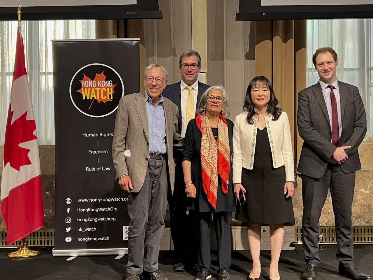 Tuesday, May 30, 2023 – Senator Ratna Omidvar, centre, participates in the launch of Hong Kong Watch Canada, an organization defending the human rights, freedoms and rule of law in Hong Kong. From left: the Honourable Irwin Cotler, international patron of Hong Kong Watch; Benedict Rogers, co-founder and chief executive of Hong Kong Watch; Senator Omidvar; Aileen Calverley, co-founder and trustee of Hong Kong Watch; and Sam Goodman, director of policy and advocacy of Hong Kong Watch.