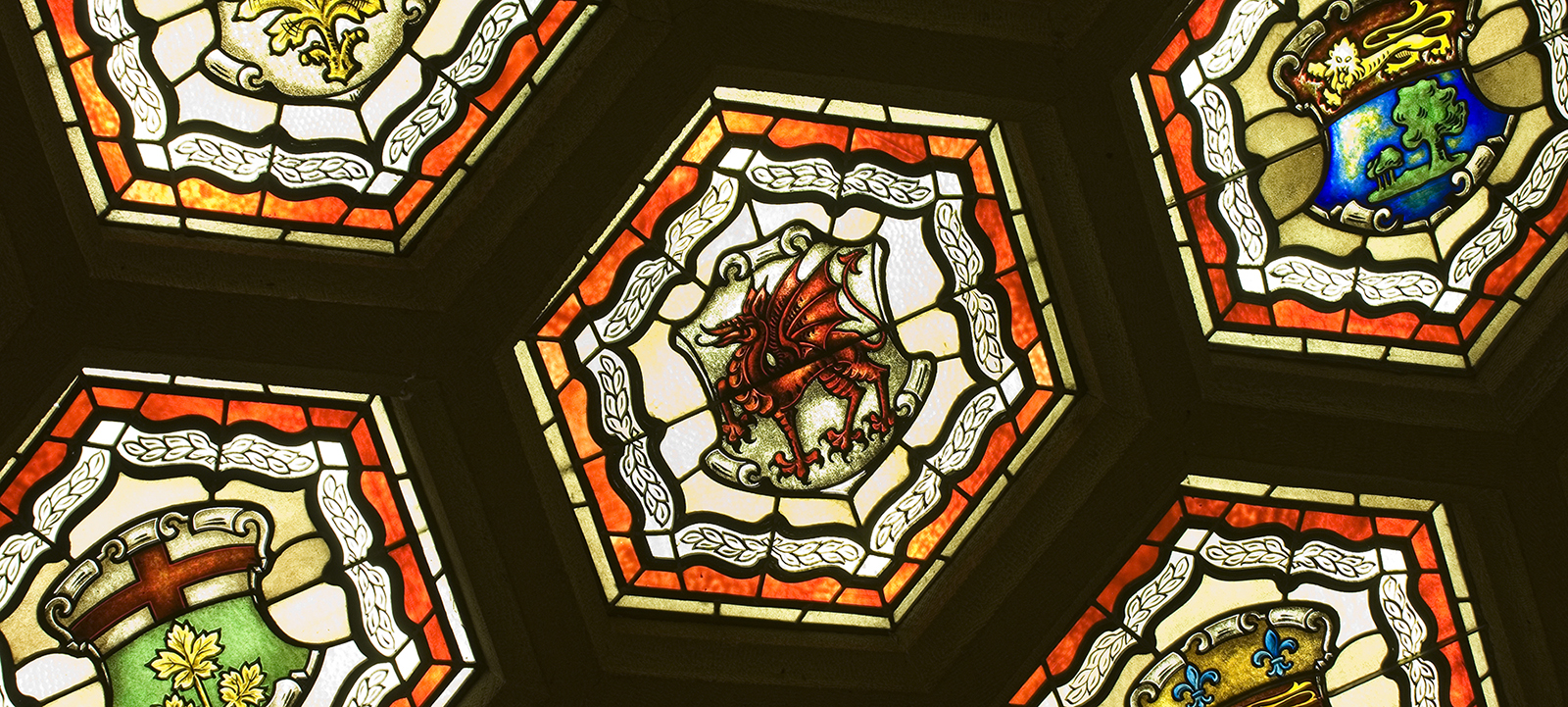 On voit un dragon rouge gallois, au centre d’un hexagone, dans un des vitraux qui ornent le plafond du foyer du Sénat, dans l’édifice du Centre.