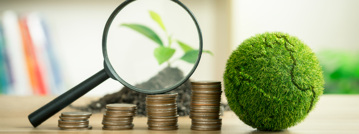 A magnifying glass, zoomed on a plant, balancing atop four stacks of coins, beside a grassy ball shaped like Earth.